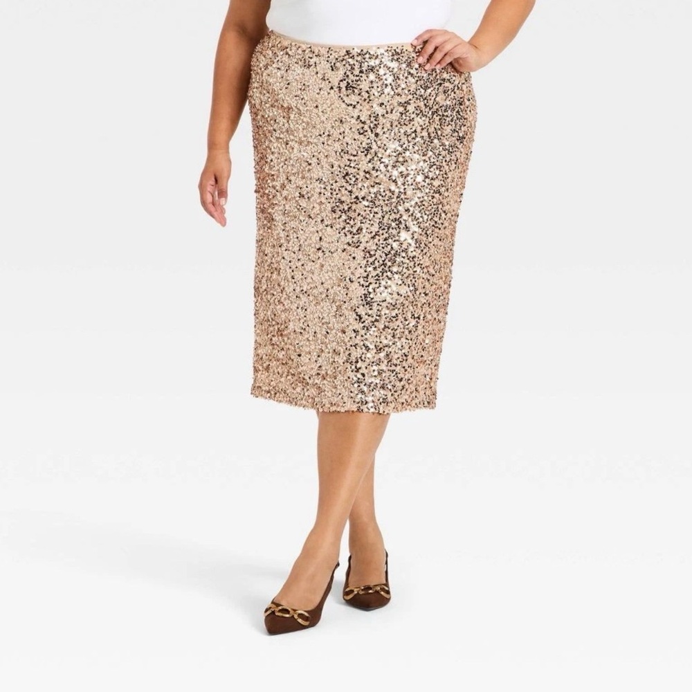 Ava & Viv Women's High-Rise Sequin Midi Pencil Skirt - Gold Sequins, XXL